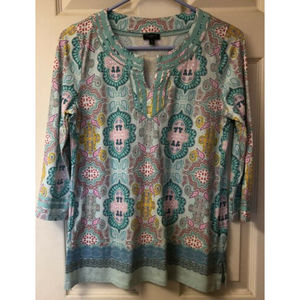 TALBOTS PETITES WOMEN'S MultiColor Tunic Top Boho Print 3/4 Sleeve Size SP